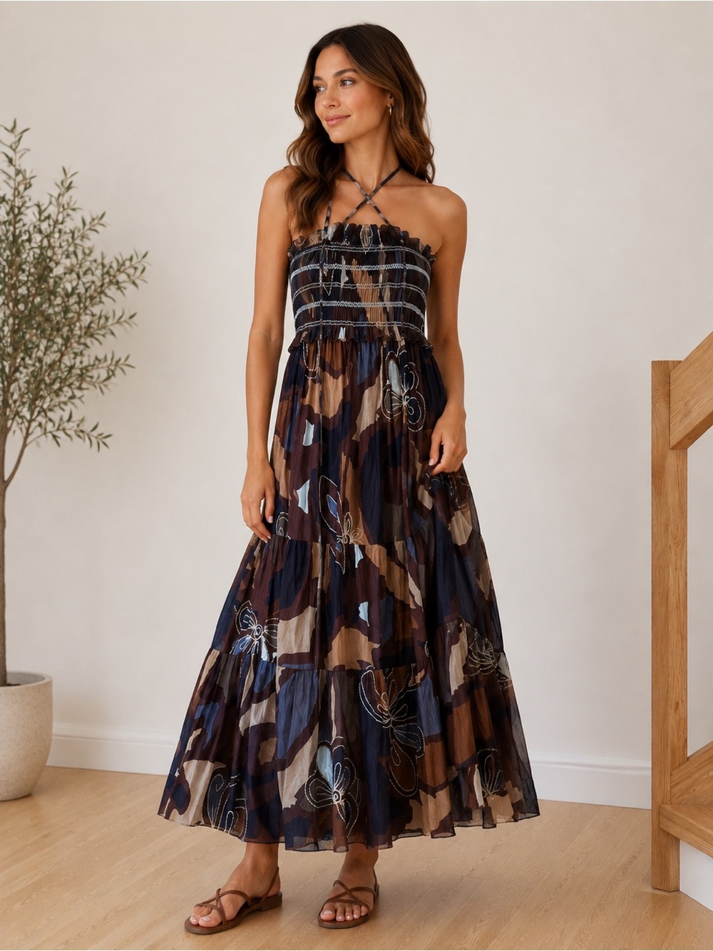 Smocked Halter Maxi Dress in Navy & Brown